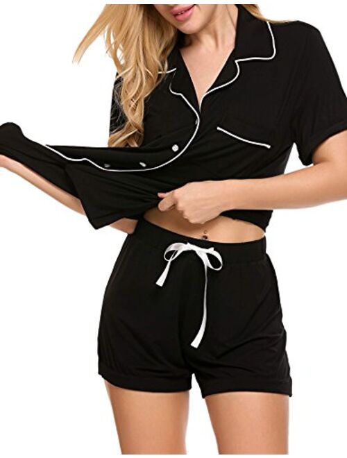 Ekouaer Pajamas Women Short Sleeve Sleepwear Button Down Loungewear Soft Summer Pjs Shorts Set