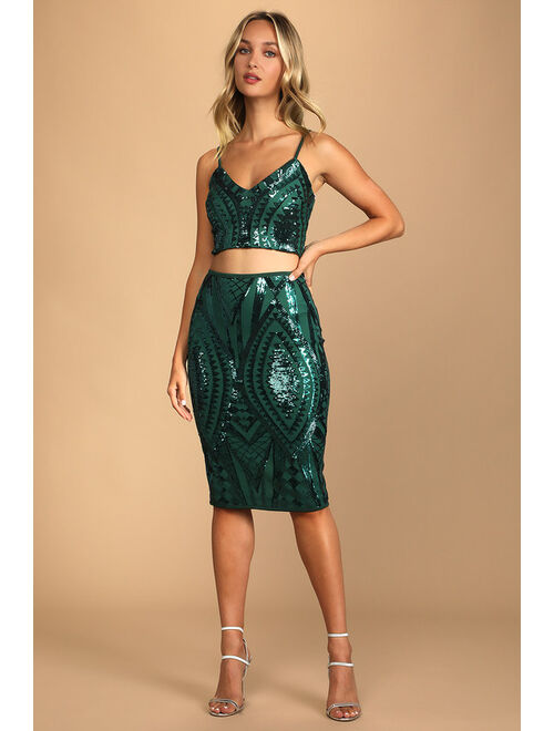 Lulus Party Won't Stop Emerald Green Sequin Two-Piece Midi Dress