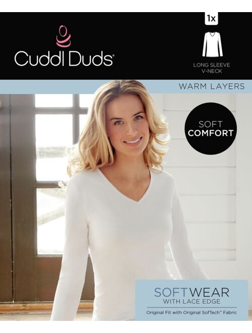 Cuddl Duds SoftWear Lace Edge Long Sleeve V-Neck Top