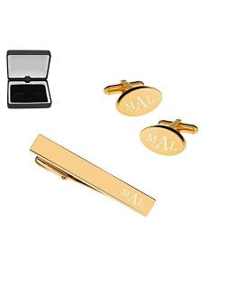 Personalized Gold Oval Cufflinks & Tie Bar Clip Set Custom Monogram Engraved Free - Ships from USA