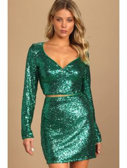 Glitzy Celebration Emerald Green Sequin Two-Piece Mini Dress