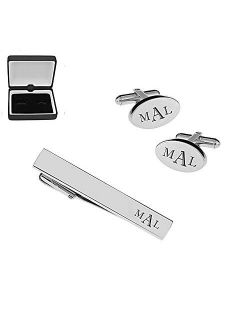 Personalized Silver Oval Cufflinks & Tie Bar Clip Set Custom Monogram Engraved Free - Ships from USA