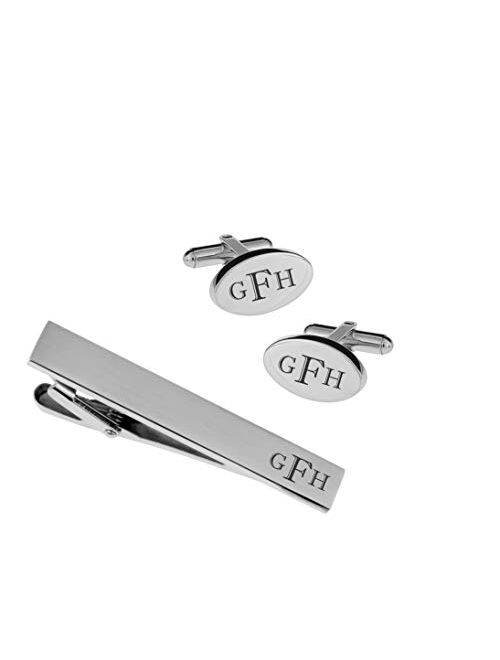 A & L Engraving Personalized Silver Oval Cufflinks & Tie Bar Clip Set Custom Monogram Engraved Free - Ships from USA