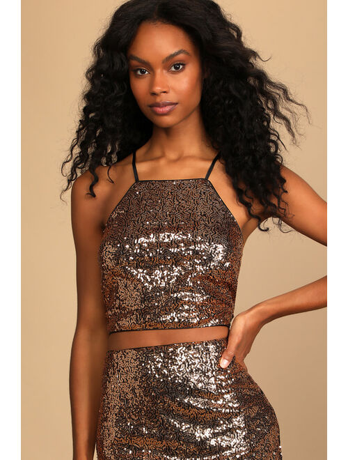Lulus Mood to Move Bronze Sequin Lace-Up Two-Piece Mini Dress