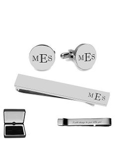 A & L Engraving Personalized High Polished Silver Stainless Steel Circle Cufflinks & Tie Clip Set Monogram Engraved Free - Ships from USA
