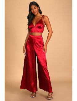 Take Notice Berry Red Satin Floral Jacquard Two-Piece Jumpsuit