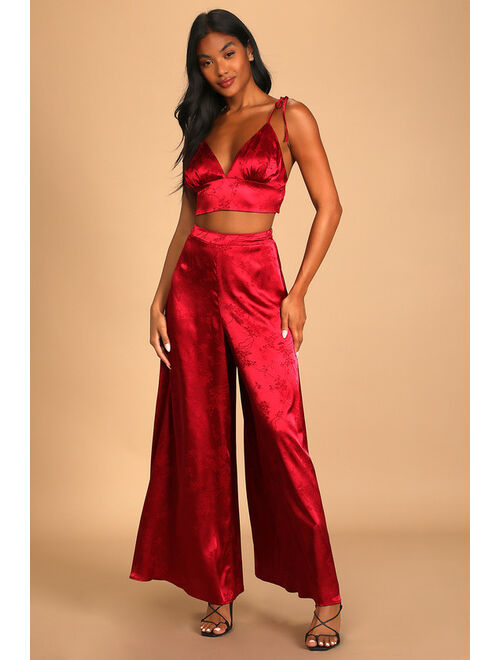 Lulus Take Notice Berry Red Satin Floral Jacquard Two-Piece Jumpsuit