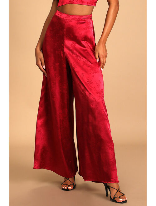 Lulus Take Notice Berry Red Satin Floral Jacquard Two-Piece Jumpsuit