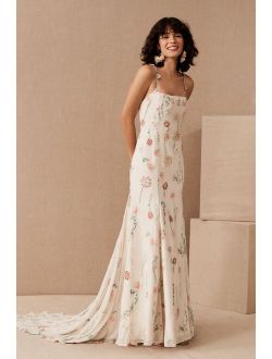 Rowan Bohemian Floral Embroidered Gown Features Spaghetti Strap With Detachable Ribbon Belt