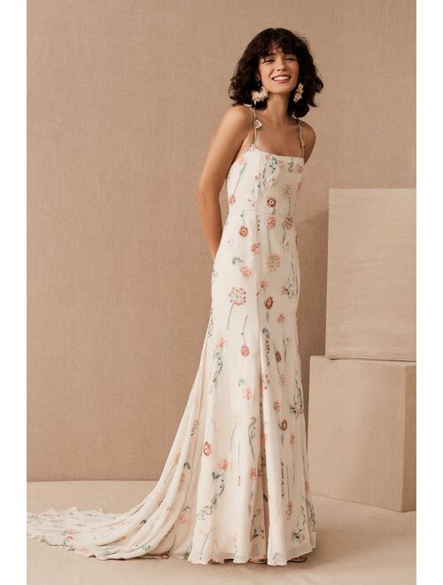 BHLDN Rowan Bohemian Floral Embroidered Gown Features Spaghetti Strap With Detachable Ribbon Belt