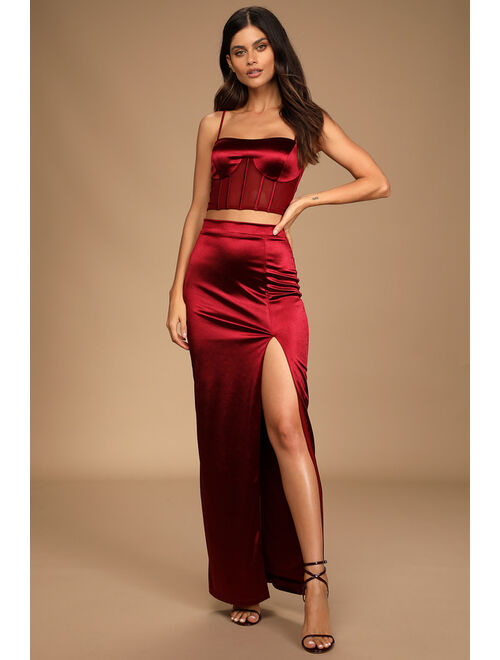 Lulus Iconic Nights Burgundy Satin Bustier Two-Piece Maxi Dress