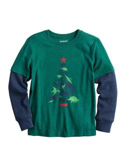 Boys 4-12 Jumping Beans Dinosaur Christmas Tree Skater Tee with Thermal Sleeves