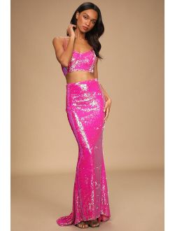 Glam Entrance Bright Pink Sequin Lace-Up Two-Piece Maxi Dress