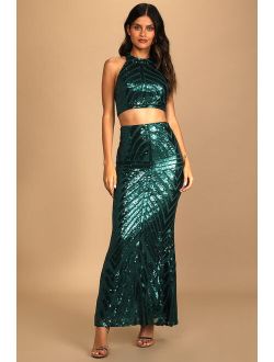 Glam for the Night Emerald Green Sequin Two-Piece Maxi Dress