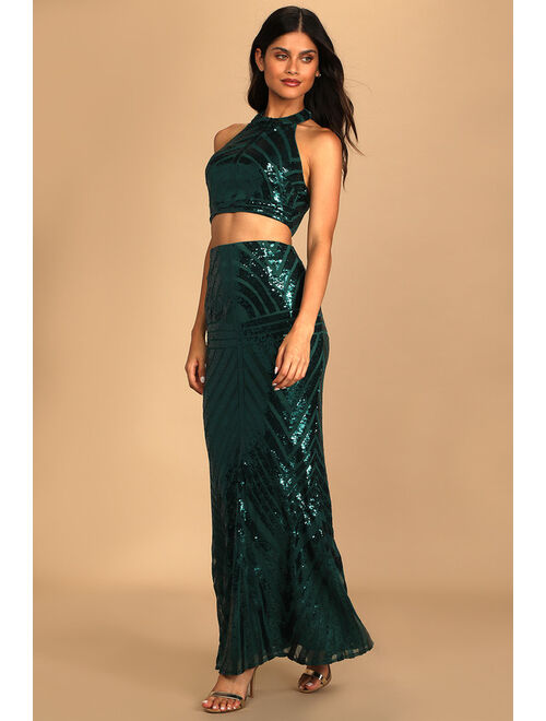 Lulus Glam for the Night Emerald Green Sequin Two-Piece Maxi Dress