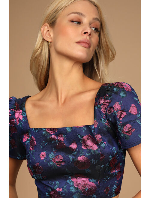 Lulus Rose Pose Navy Blue Floral Jacquard Lace-Up Two-Piece Mini Dress