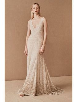 Women's Ombre Beaded Embroidered Sequins Fit & Flare Wedding Kayla Gown With Chapel Lenght Train