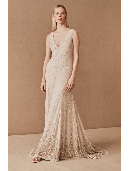 BHLDN Women's Ombre Beaded Embroidered Sequins Fit & Flare Wedding Kayla Gown With Chapel Lenght Train