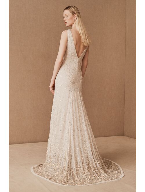 BHLDN Women's Ombre Beaded Embroidered Sequins Fit & Flare Wedding Kayla Gown With Chapel Lenght Train