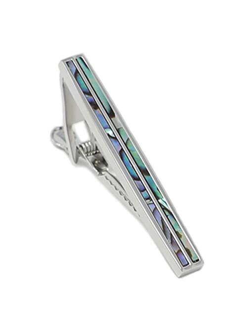 MENDEPOT Classic Rhodium Plated Two Line Abalone Tie Clip with Box Abalone Stripe Tie Bar