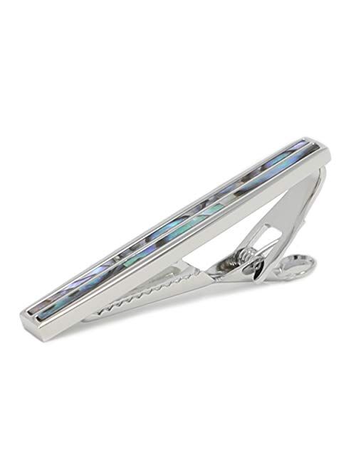 MENDEPOT Classic Rhodium Plated Two Line Abalone Tie Clip with Box Abalone Stripe Tie Bar