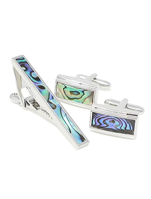 MENDEPOT Classic Stone Cufflinks And Tie Clip Set With Gift Box Mother Pearl Cufflinks Tie Clip Abalone Men Shirt Set