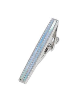 Silver Tone Dual Blue Mother of Pearl Stone Tie Clip With Gift Box