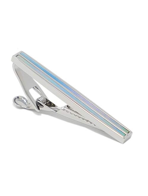 MENDEPOT Silver Tone Dual Blue Mother of Pearl Stone Tie Clip With Gift Box