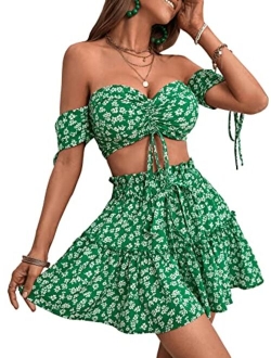 Women's Two Piece Outfit Floral Off Shoulder Drawstring Crop Top and Skirt Set