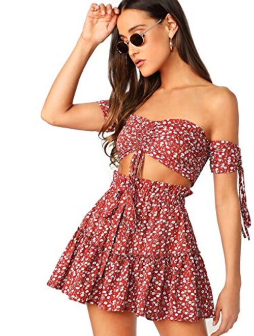 Floerns Women's Two Piece Outfit Floral Off Shoulder Drawstring Crop Top and Skirt Set