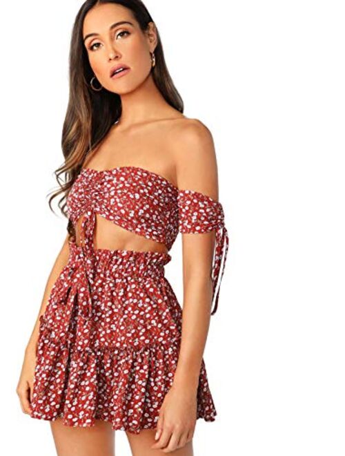Floerns Women's Two Piece Outfit Floral Off Shoulder Drawstring Crop Top and Skirt Set