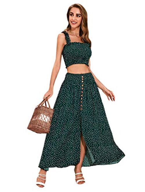 SheIn Women's Sexy 2 Piece Outfits Dress Ruffle Trim Shirred High Split Maxi Skirt Set