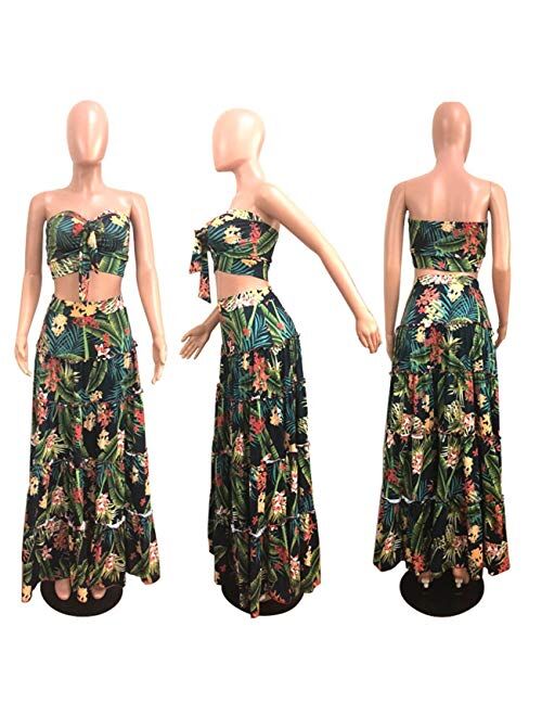 Unknown Cluster 2Pcs Women Suits Wrapped Crop Top + Skirt Set Party Club Maxi Dress