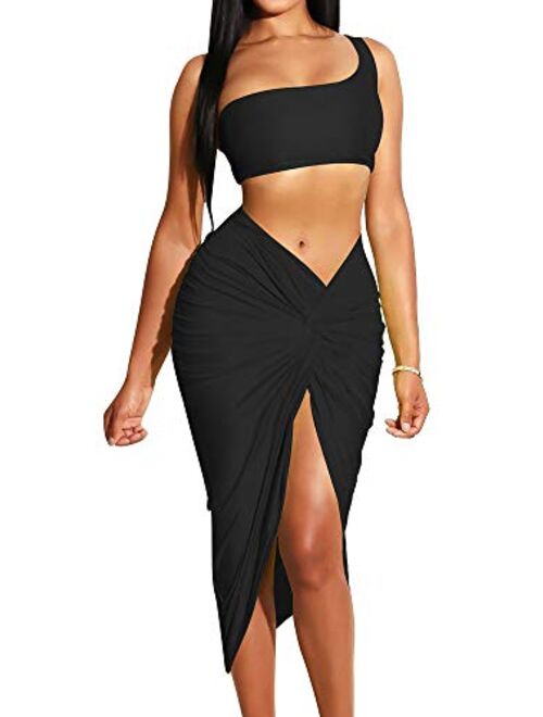 BEAGIMEG Women's Sexy One Shoulder Long Bodycon Slit Skirt 2 Pieces Dress