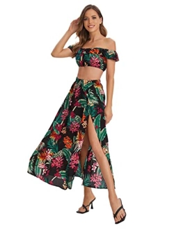 Women's Two Piece Outfit Floral Crop Top and Split Long Skirt Set