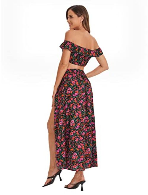 Floerns Women's Two Piece Outfit Floral Crop Top and Split Long Skirt Set