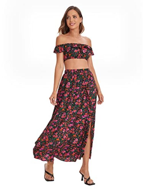 Floerns Women's Two Piece Outfit Floral Crop Top and Split Long Skirt Set