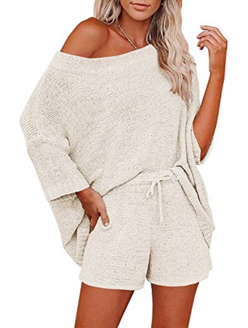 Ermonn Womens 2 Piece Outfits Sweater Sets Off Shoulder Knit Tops Waist Short Suits Casual Pajama Set