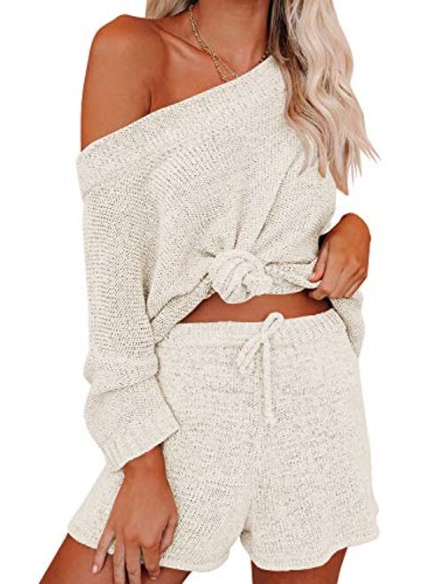 Ermonn Womens 2 Piece Outfits Sweater Sets Off Shoulder Knit Tops Waist Short Suits Casual Pajama Set