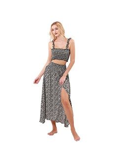 YODNBUK Women's Floral Summer Dresses Two Piece Outfit Shirred Crop top and Skirt Set Boho Slit Maxi Beach Dress