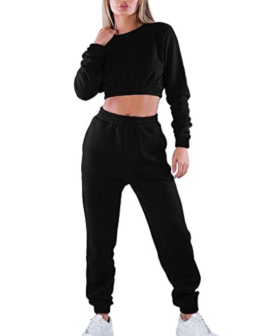Mokoru Women's Workout 2 Piece Outfits Tracksuit Long Sleeve Crop Tops Joggers Pants Sets Sweatsuits