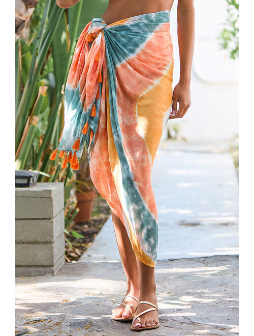 Lulus Sunny Livin' Peach Multi Tie-Dye Print Swim Cover-Up Scarf