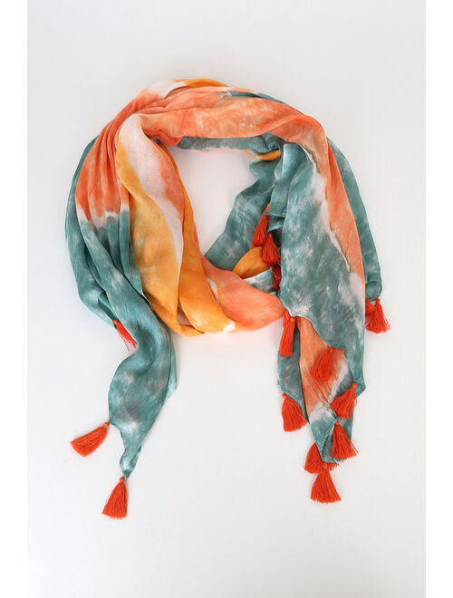 Lulus Sunny Livin' Peach Multi Tie-Dye Print Swim Cover-Up Scarf