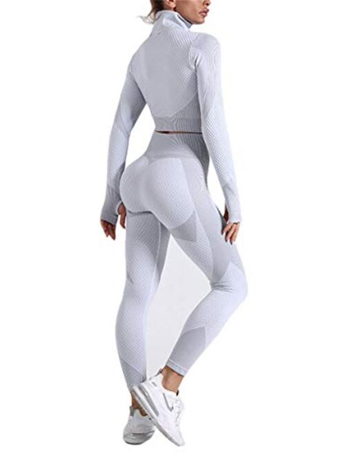 Womens Workout Sets 2 Piece Front Zip Long Sleeve Crop Top and High Waist Seamless Leggings Set Gym Clothes Yoga Outfits 