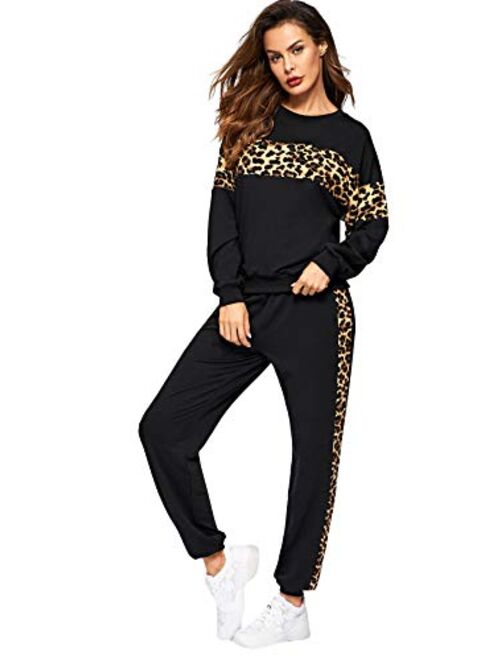 Floerns Women's 2 Piece Outfits Leopard Long Sleeve Sweatshirt and Pants Set