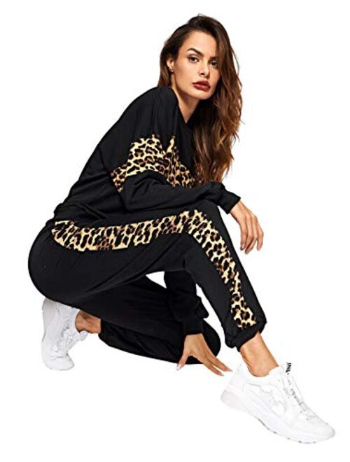 Floerns Women's 2 Piece Outfits Leopard Long Sleeve Sweatshirt and Pants Set