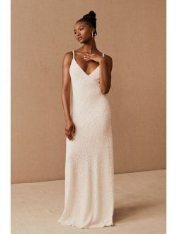 Women's Lisle Open Low Back Strapless Bra-Friendly Wedding Fitted Maxi Gown Textured With Bead And Sequins