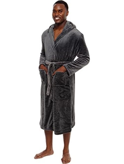 Mens Robe with Hood - Mid Length - Plush Shawl Collar Fleece Bathrobe
