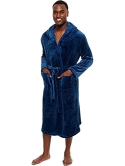 Mens Robe with Hood - Mid Length - Plush Shawl Collar Fleece Bathrobe