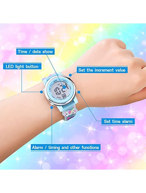 Unicorn Kids Watch and Silicone Wristband Cute 3D Cartoon Waterproof Toddler Wrist Digital Watch 7 Color Lights Watch with Alarm Stopwatch Christmas Gift for 3-10 Year Gi
